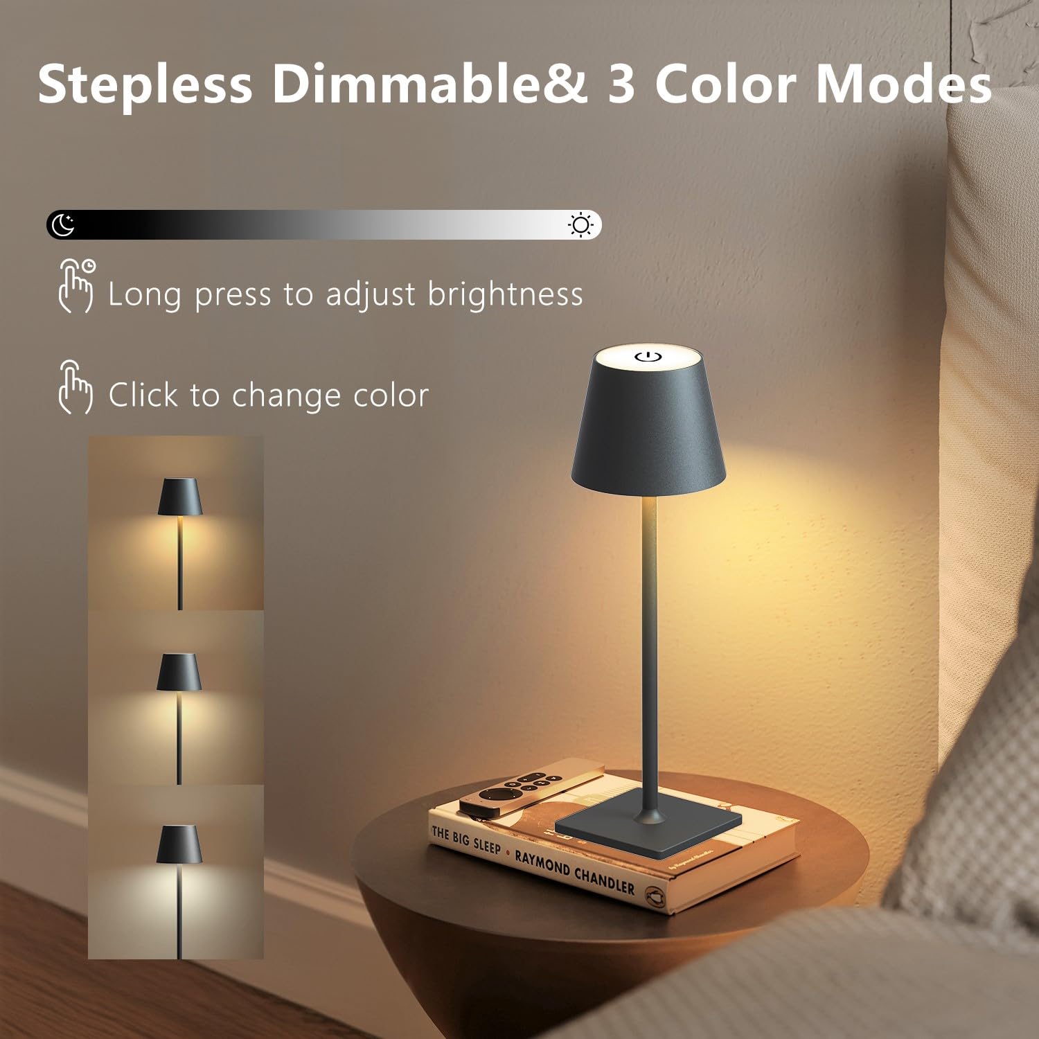 WhitePoplar Cordless Table Lamp - Rechargeable Table Lamp, 6000mAh Battery Operated Touch Lamp, 3 Color Stepless Dimming Outdoor Lamps, IP65 Waterproof Wireless Lamps for Patio, Office, Dorm, Outdoor, Dining